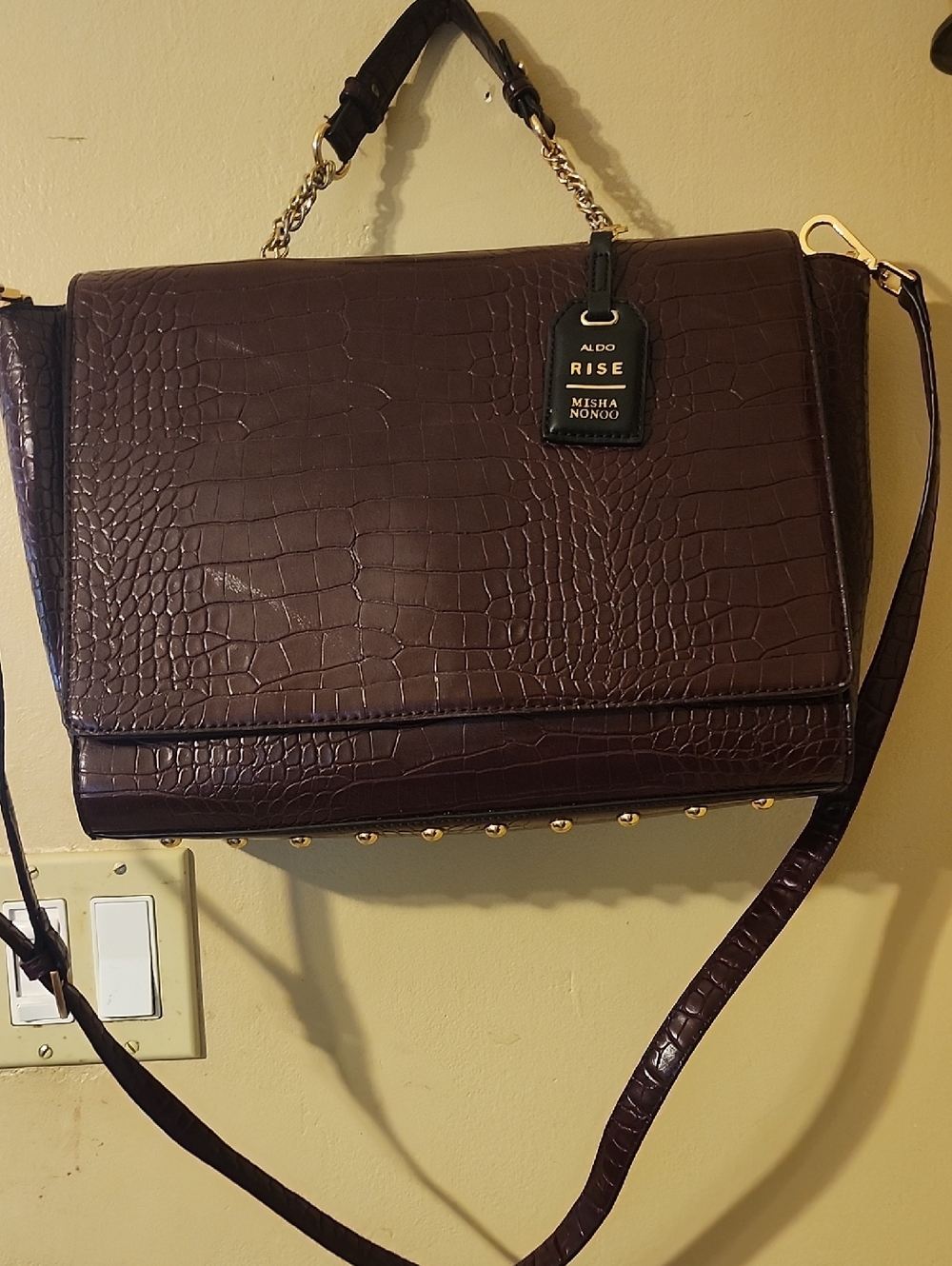 Aldo Dark Brown Croc-Embossed Satchel with Gold Hardware